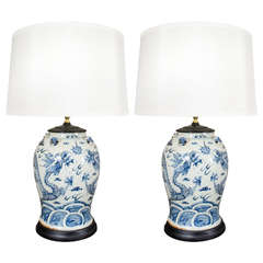 Pair of 19th Century Blue and White Temple Jar Lamps