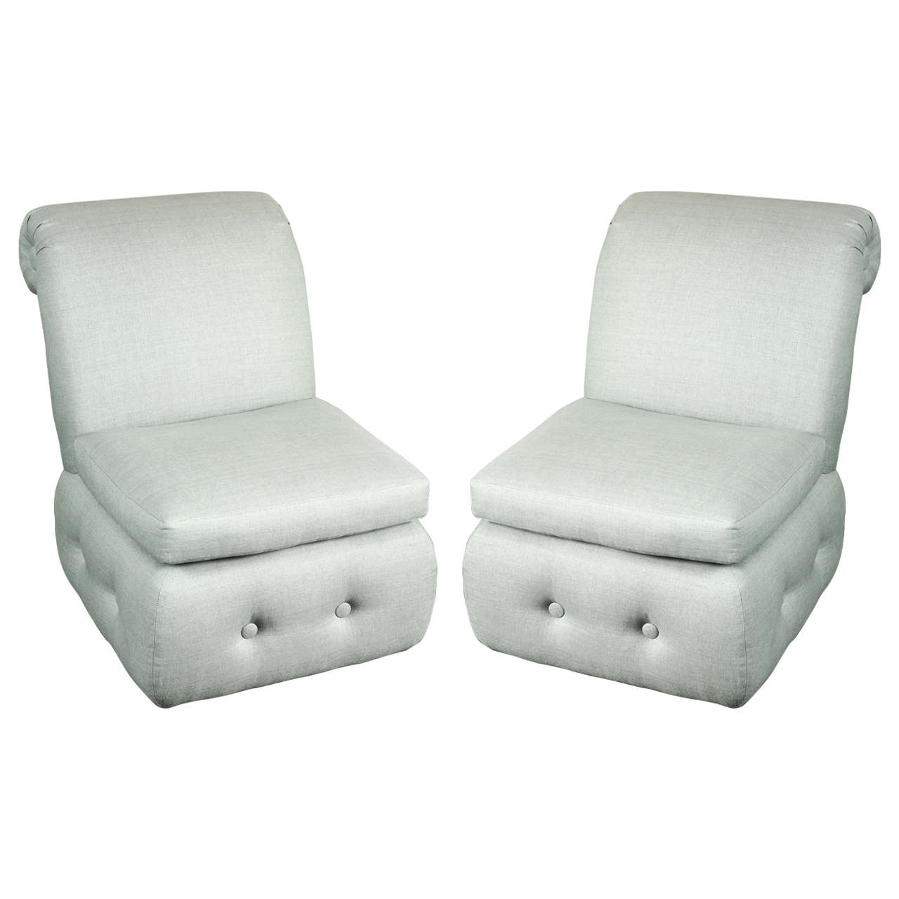 Pair of Slipper Chairs with Rolled Back and Tufted Base For Sale