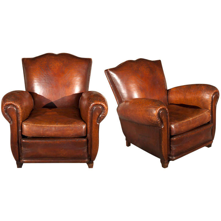 Gorgeous French Leather Club Chairs For Sale