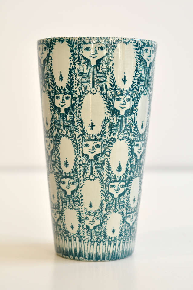 Unusual and scarce vase by Bjorn Wiinblad with an enchanting decorative pattern and color. It is signed  twice--under the glaze and also hand signed and dated by Wiinblad 