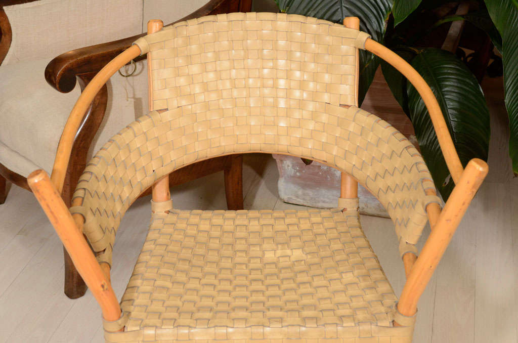 European Pair of Bamboo Armchairs with Woven Leather Seats and Backs, circa 1970s For Sale