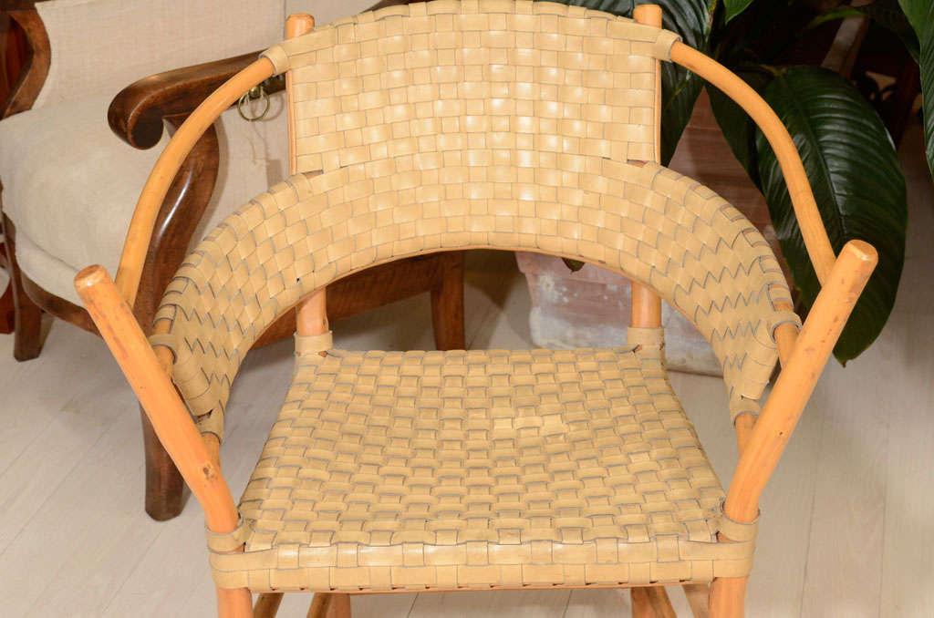 Pair of Bamboo Armchairs with Woven Leather Seats and Backs, circa 1970s In Excellent Condition For Sale In New York, NY