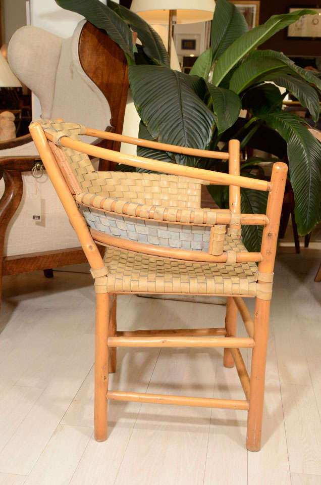 Late 20th Century Pair of Bamboo Armchairs with Woven Leather Seats and Backs, circa 1970s For Sale