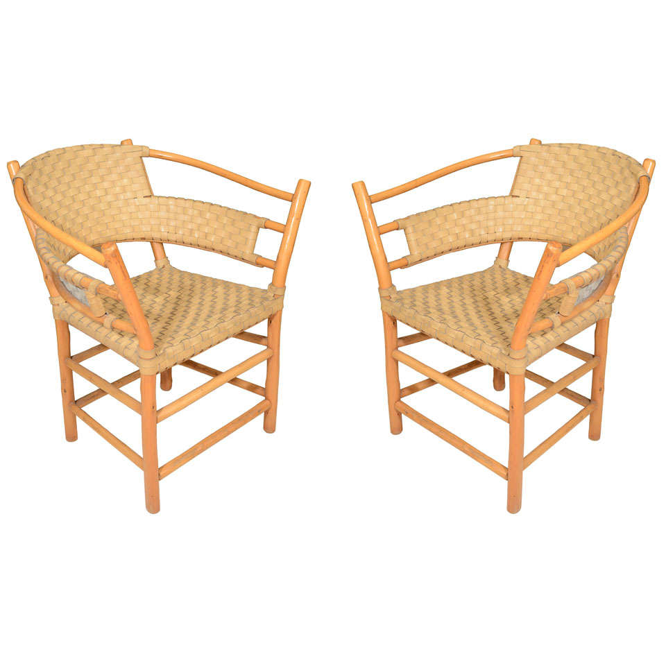 Pair of Bamboo Armchairs with Woven Leather Seats and Backs, circa 1970s For Sale