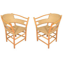Pair of Bamboo Armchairs with Woven Leather Seats and Backs, circa 1970s