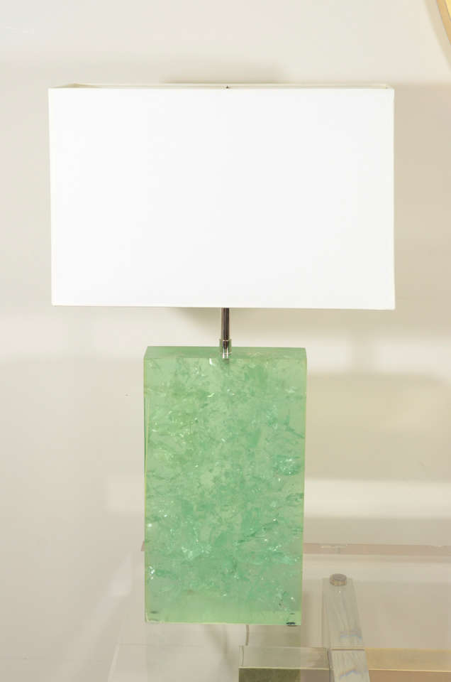 Marie-Claude de Fouquieres rectangular green resin crackled table lamp of tall narrow form.