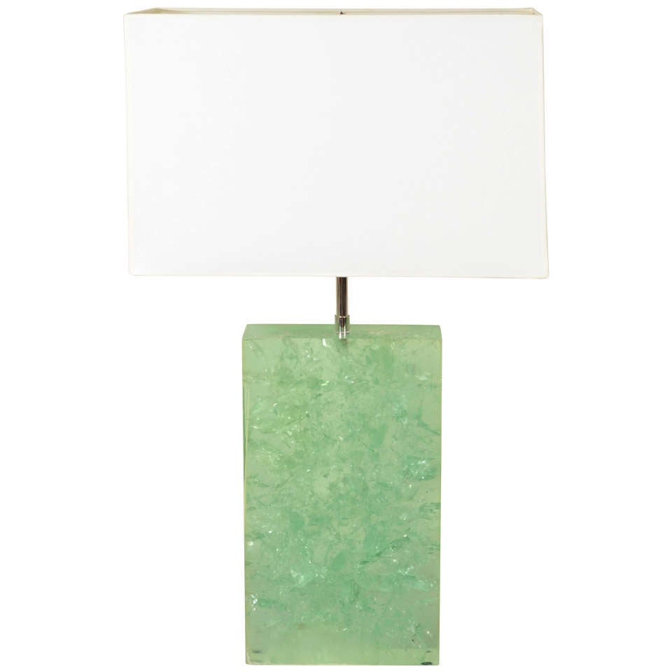 Marie-Claude de Fouquieres Rectangular Green Resin Crackled Table Lamp For Sale