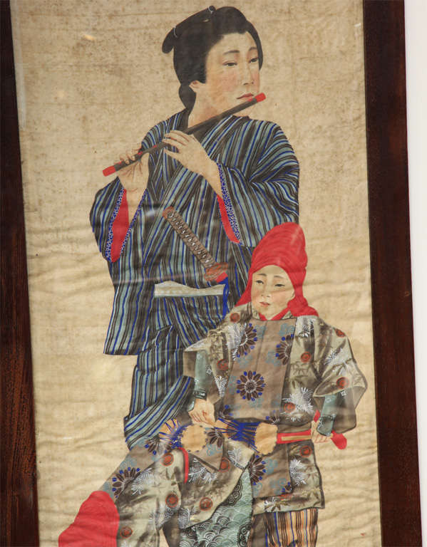 Two 19th Century Japanese Portraits on Silk in Wooden Frames