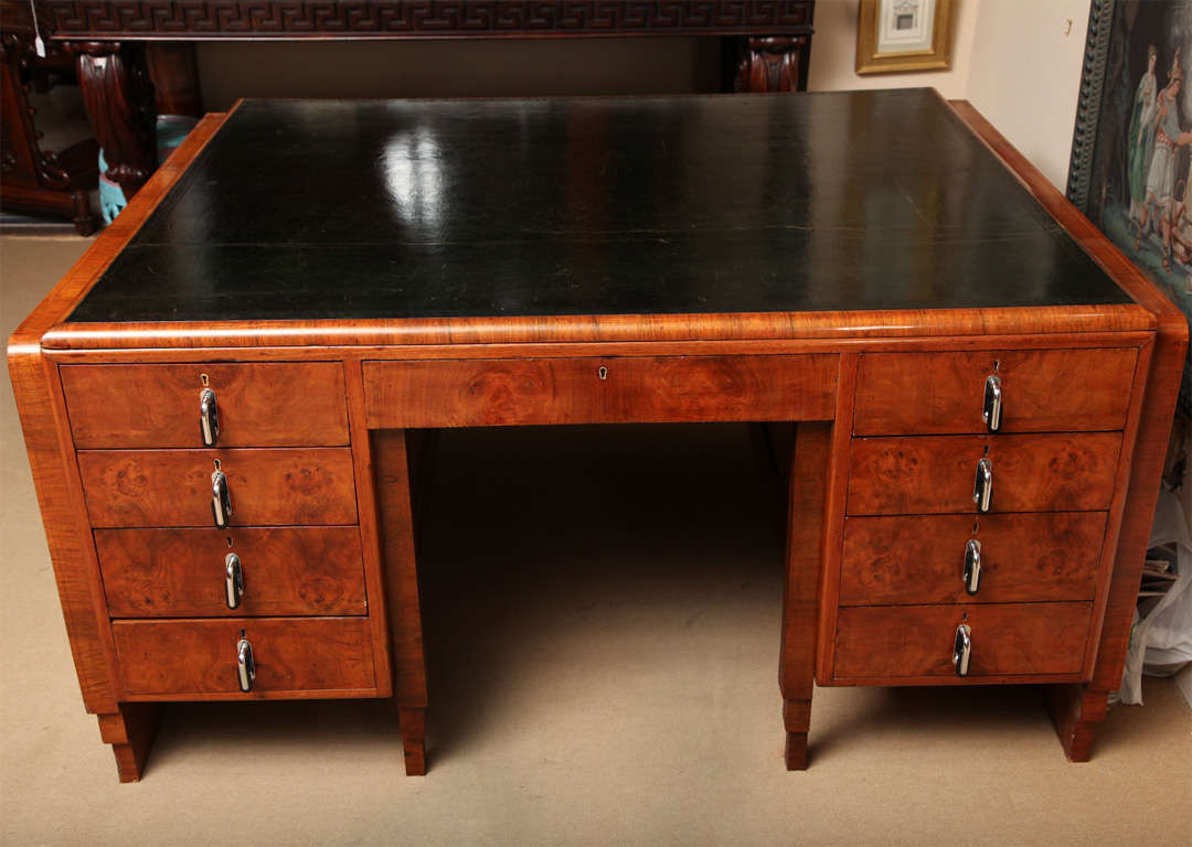 English, Art Deco Desk, In Walnut with Blind Leather Tooling and Chrome Hardware