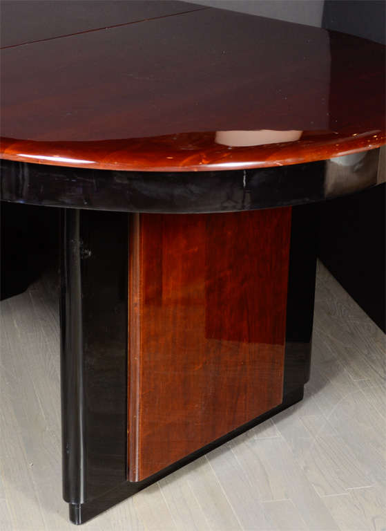 American Art Deco Skyscraper Style Bookmatched Mahogany & Black Lacquer Oval Dining Table