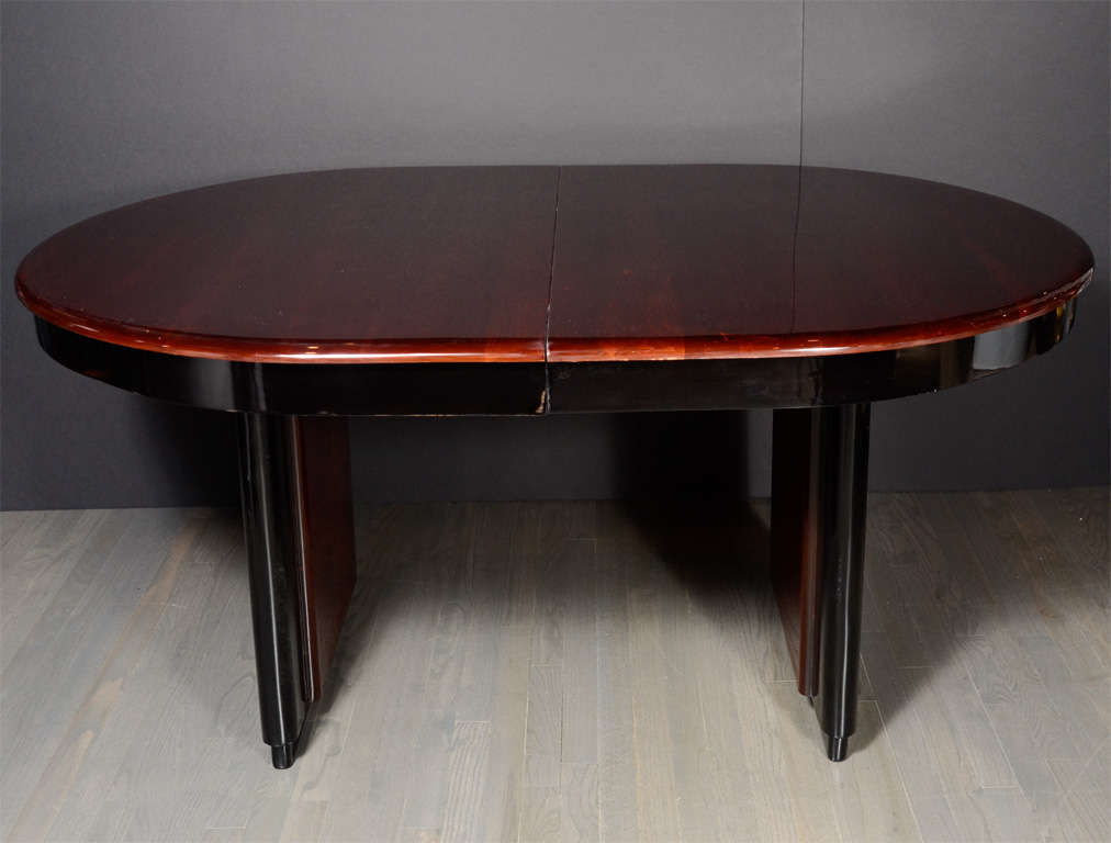 Art Deco Skyscraper Style Bookmatched Mahogany & Black Lacquer Oval Dining Table 3