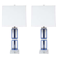 Modernist Blue & Clear Lucite Cube Form Lamps    