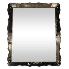 1940s Smoked Grey Hollywood Mirror with Scalloped Borders and Chain beveling 