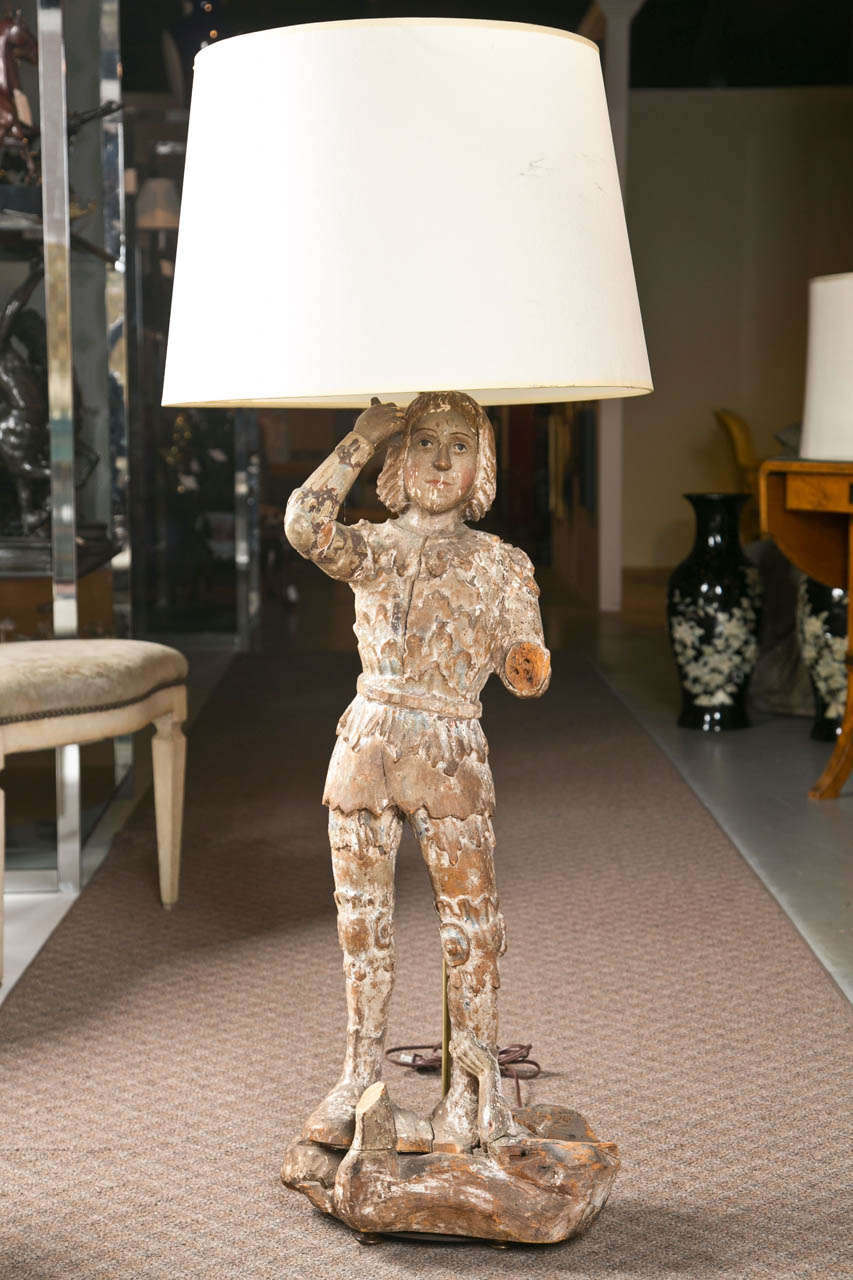 Wooden St. Michael statue circa 19th century turned in to table lamp.
