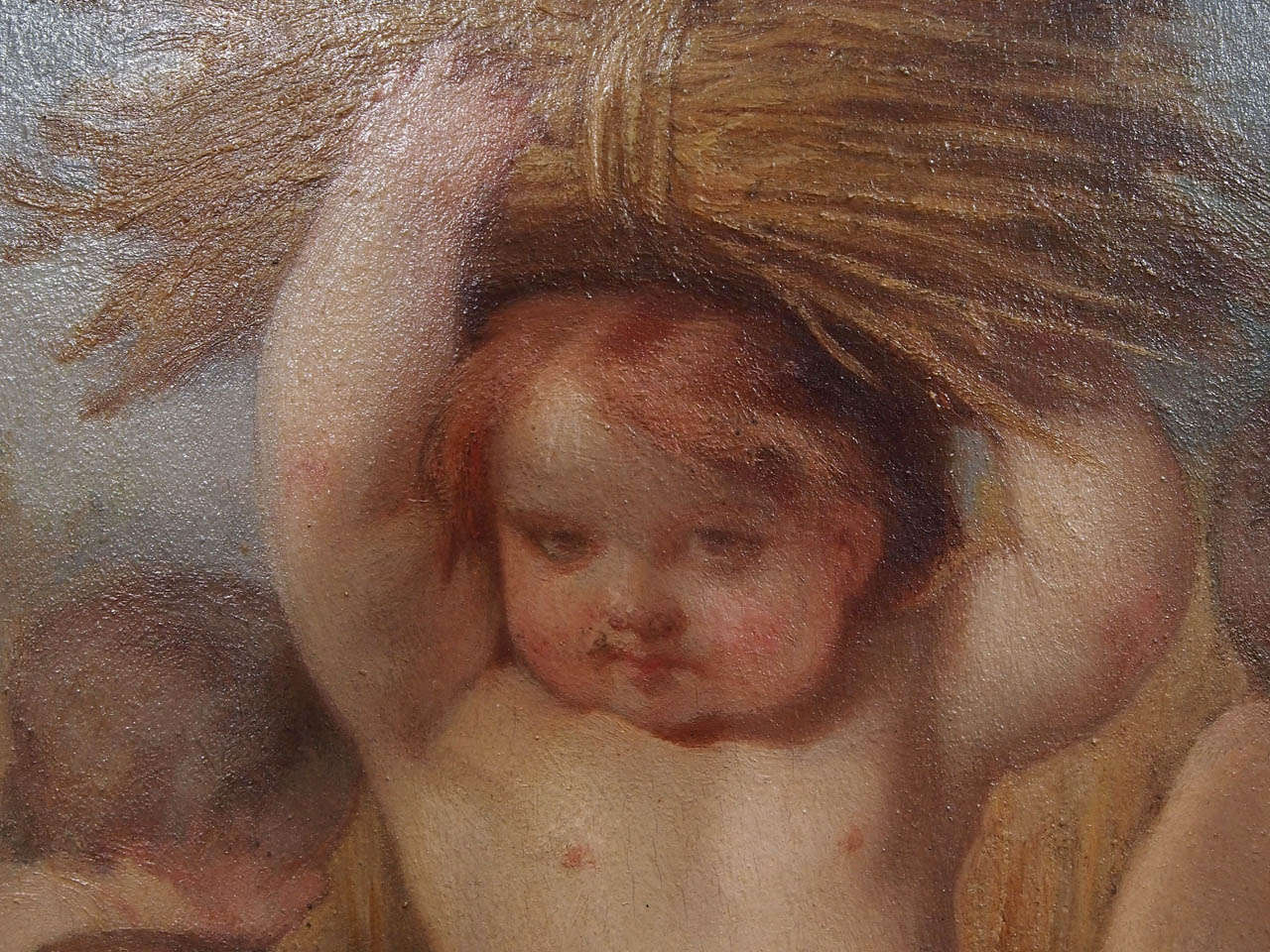 19th Century Pair of French Oil on Board of Putti For Sale