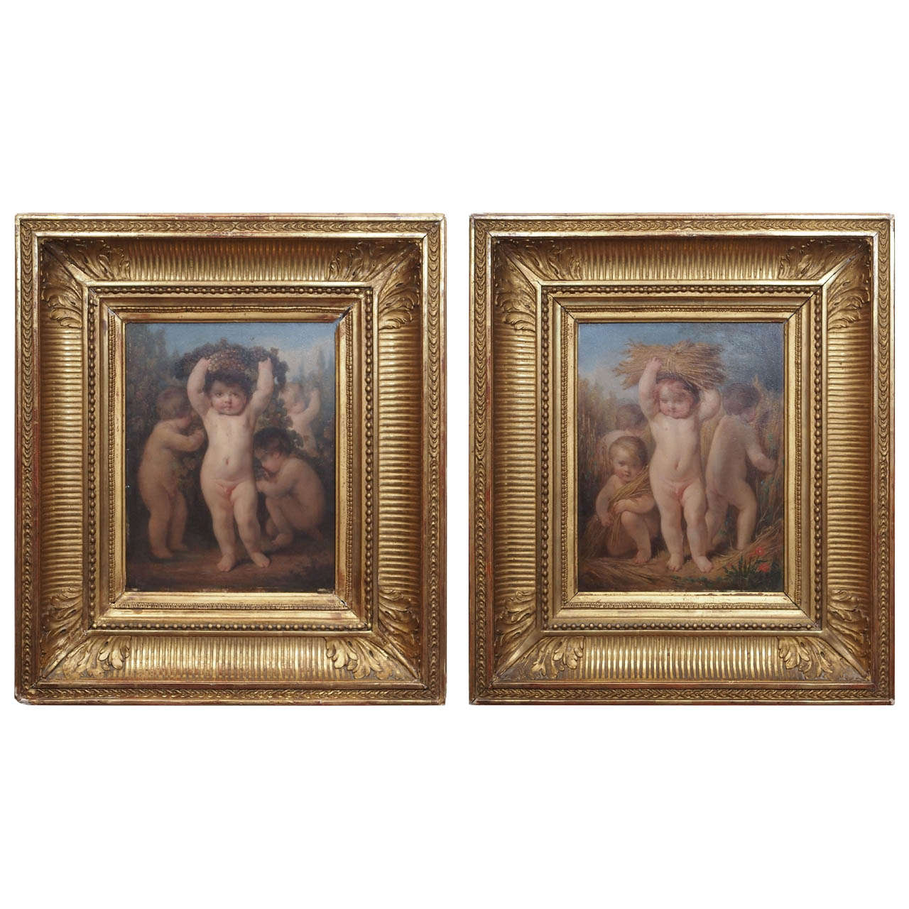 Pair of French Oil on Board of Putti For Sale