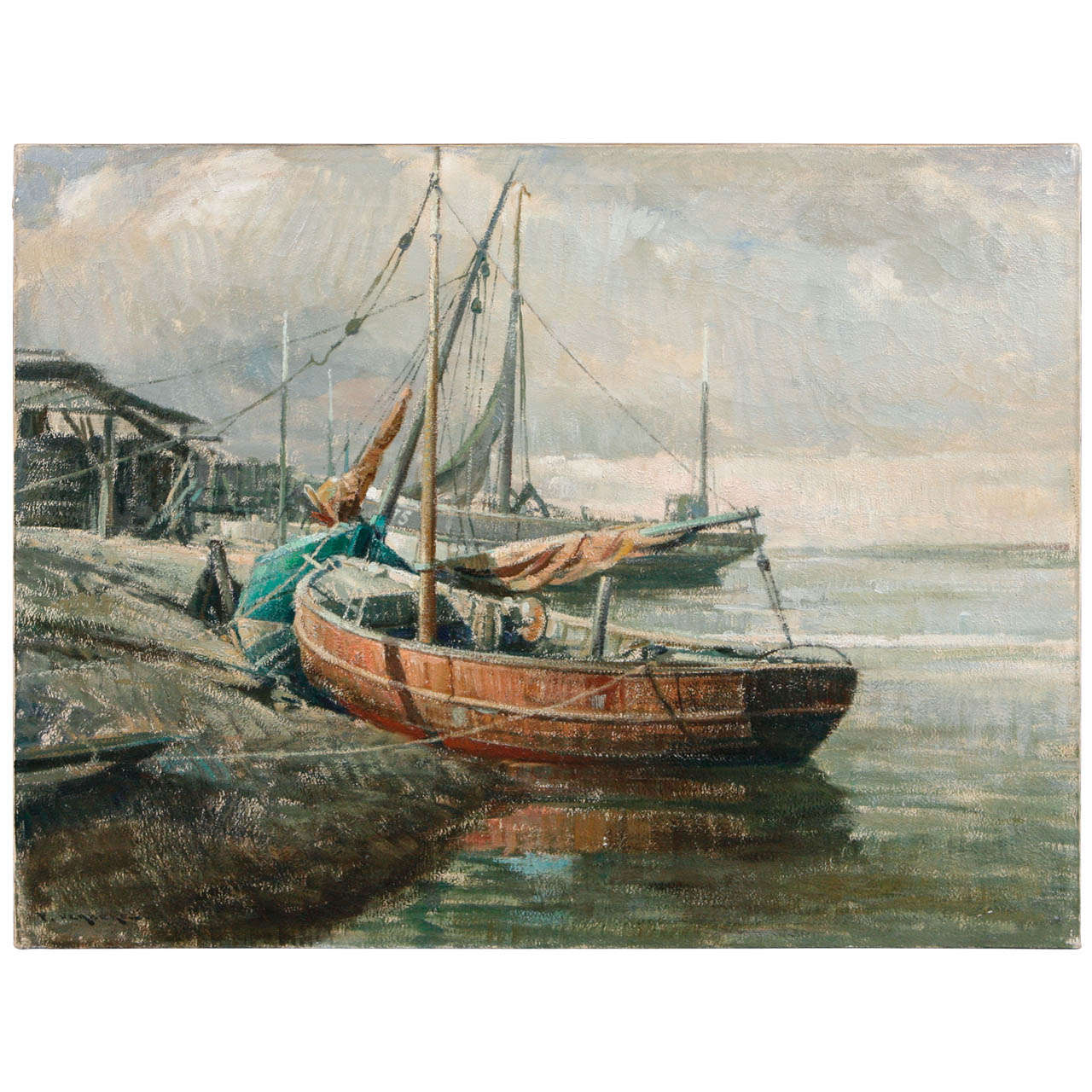 Early 20th Century Belgian Canvas Painting of Boats