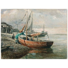 Early 20th Century Belgian Canvas Painting of Boats