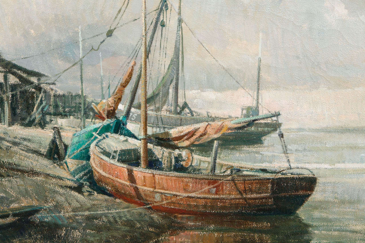 Early 20th Century Belgian Canvas Painting of Boats In Good Condition In Los Angeles, CA