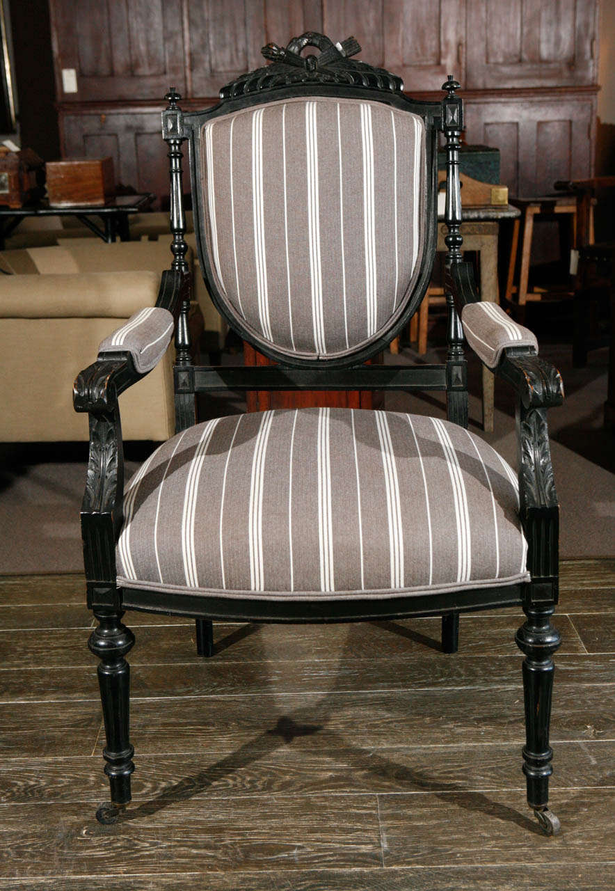 French 1870s Louis XVI Style Ebonized Fauteuil in Upholstered Linen
