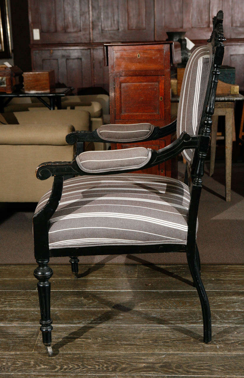 1870s Louis XVI Style Ebonized Fauteuil in Upholstered Linen 1
