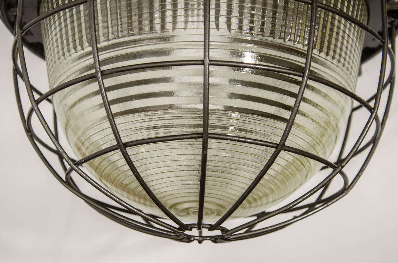 Belgian Large Metal Industrial Pendant Lights with Ribbed Glass For Sale