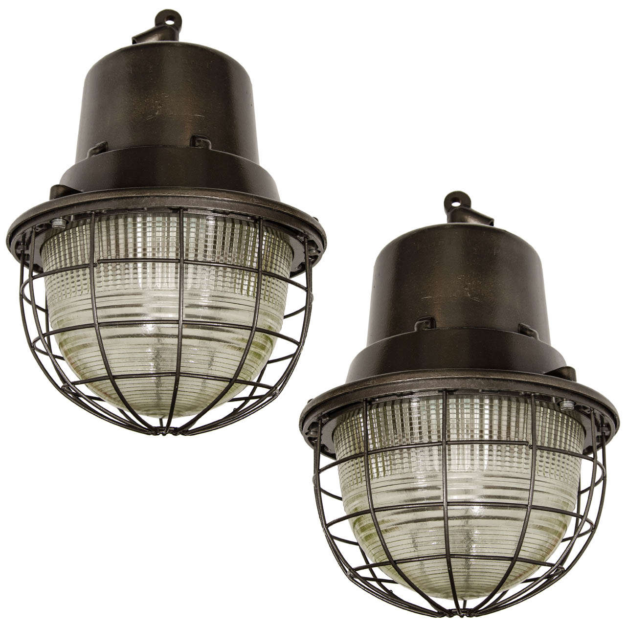 Large Metal Industrial Pendant Lights with Ribbed Glass For Sale