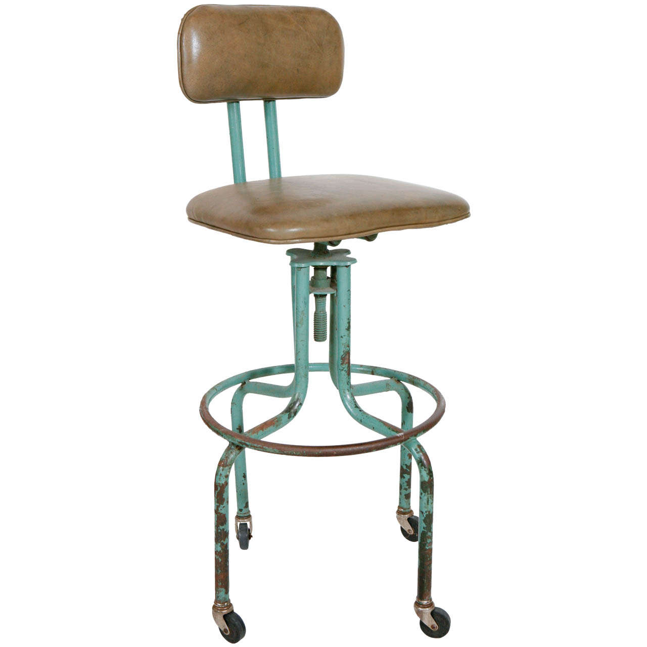 Vintage Green Workshop Stool with Nailhead Leather Seat and Wheels