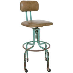 Vintage Green Workshop Stool with Nailhead Leather Seat and Wheels