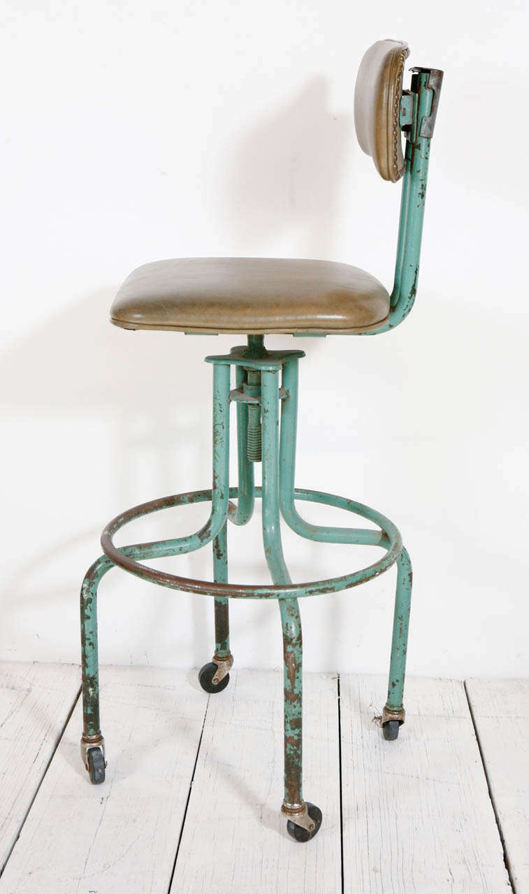 Schoolhouse Vintage Green Workshop Stool with Nailhead Leather Seat and Wheels