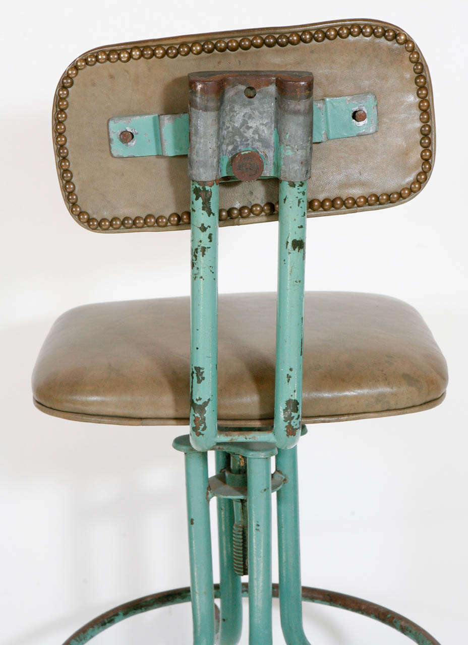 Mid-20th Century Vintage Green Workshop Stool with Nailhead Leather Seat and Wheels