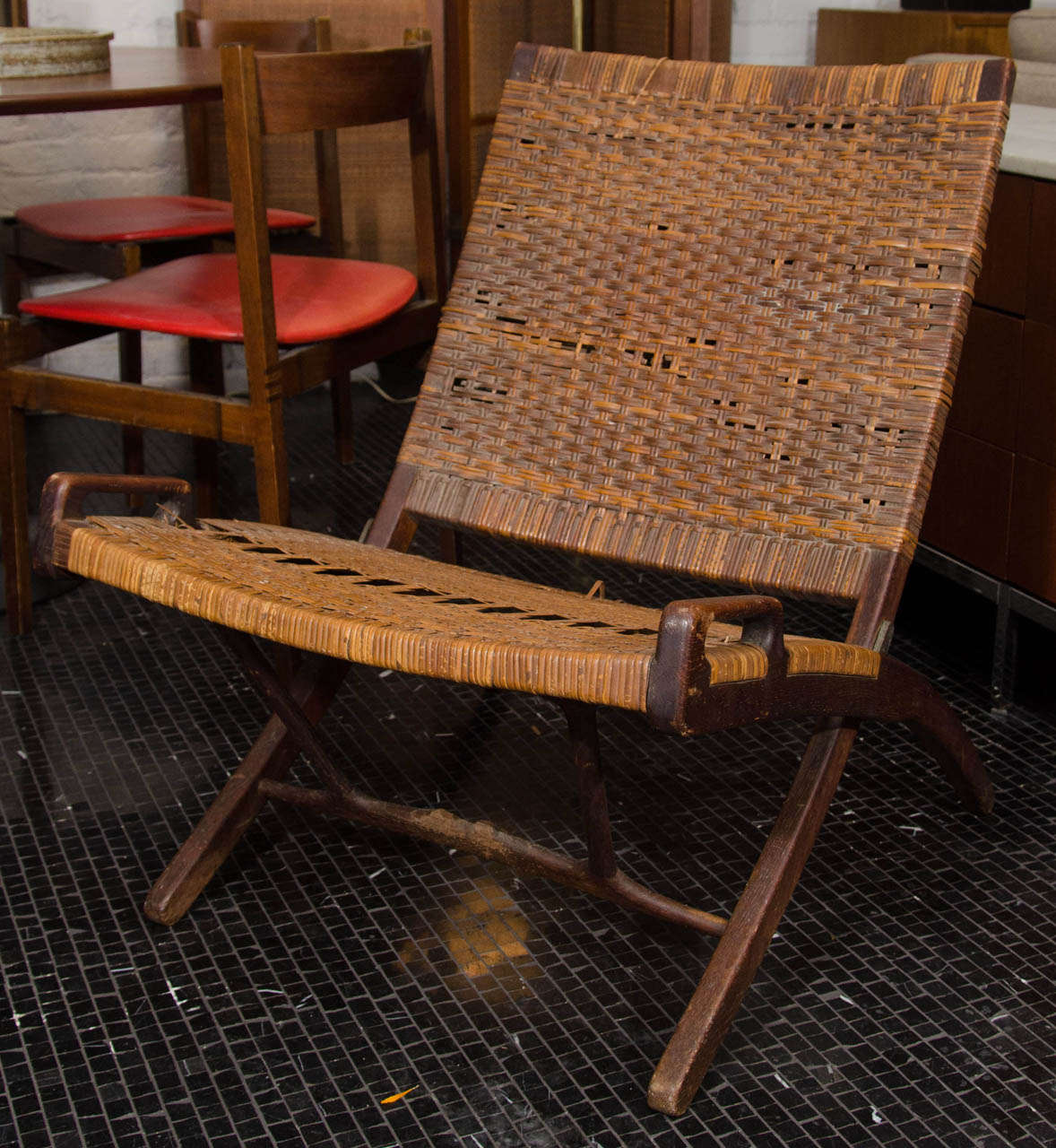 Hans Wegner folding chair with cane on oak frame. Original distressed condition with Johannes Hansen marking-1950's.