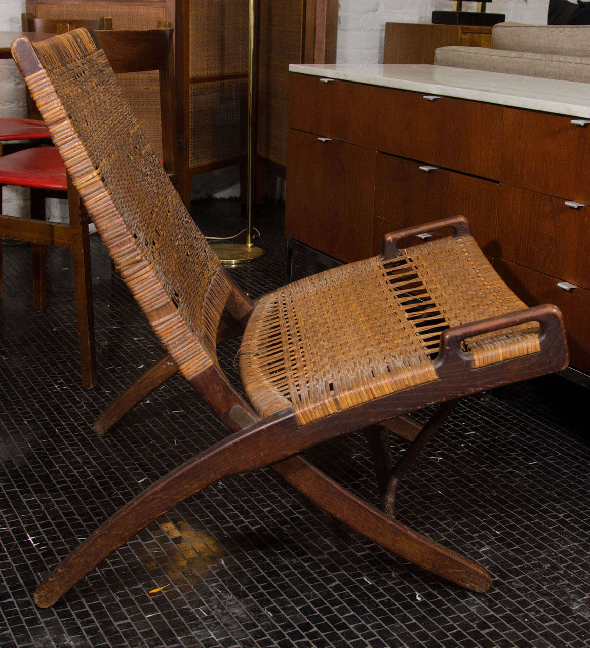 Danish Hans Wegner Oak/Cane Folding Chair Stamped Johannes Hansen
