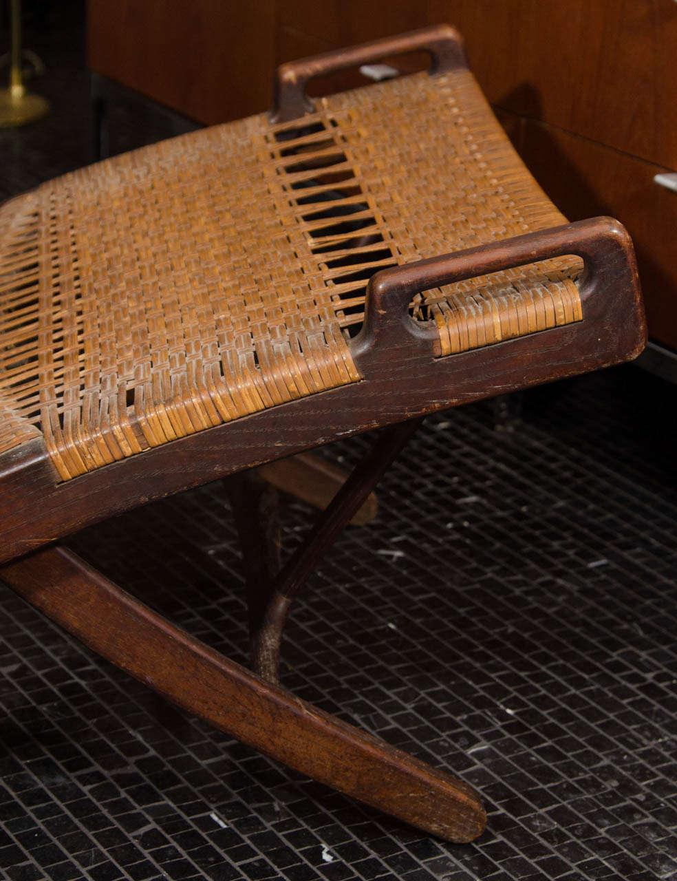 Hans Wegner Oak/Cane Folding Chair Stamped Johannes Hansen In Distressed Condition In New York, NY