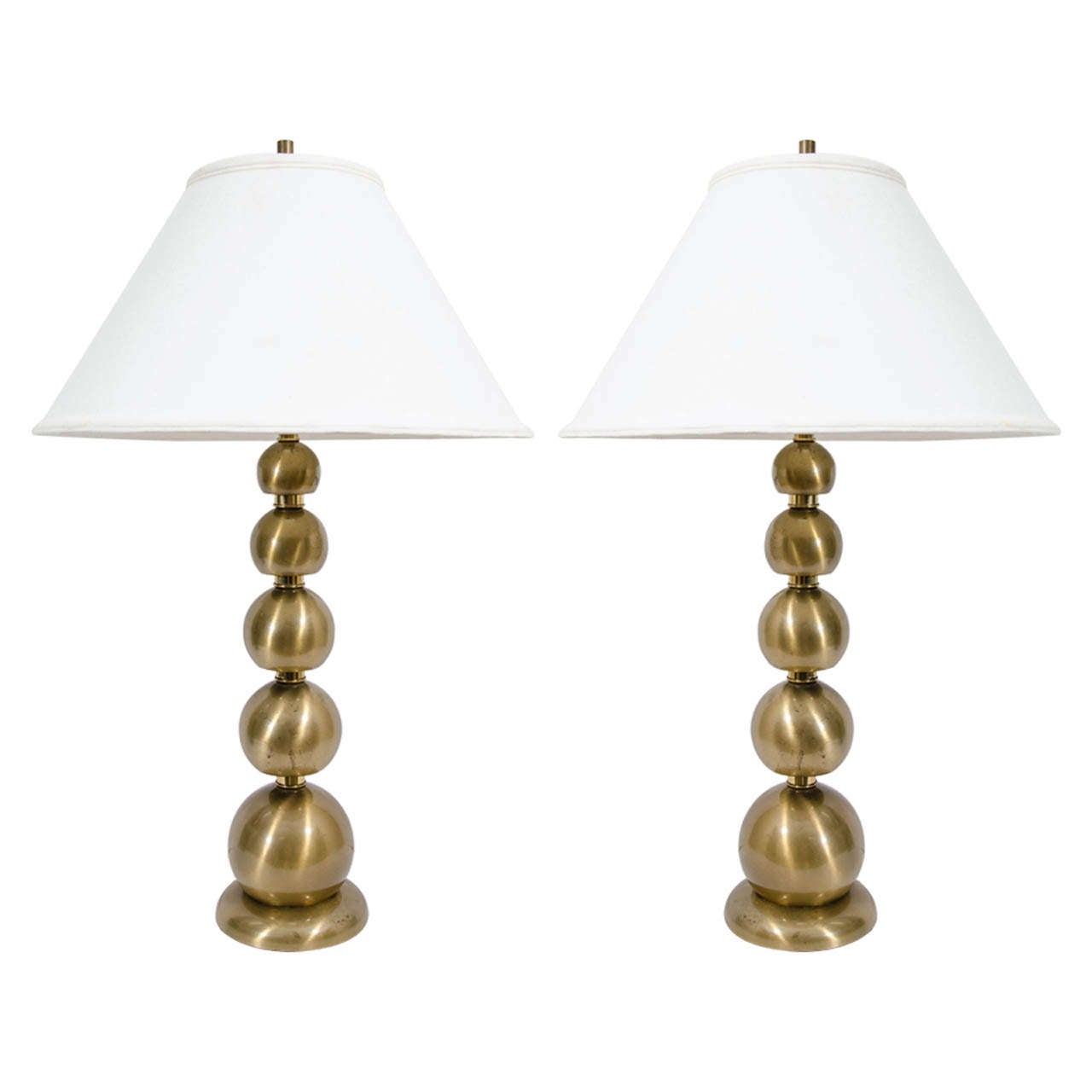 A Mid Century Pair of Brushed Brass Stacked Ball Table Lamps