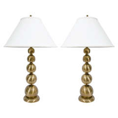 A Mid Century Pair of Brushed Brass Stacked Ball Table Lamps