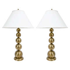 A Mid Century Pair of Brushed Brass Stacked Ball Table Lamps