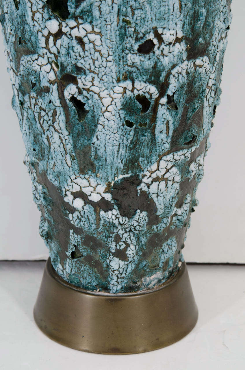 A Mid Century Lava Glaze Table Lamp in Blue In Good Condition In New York, NY
