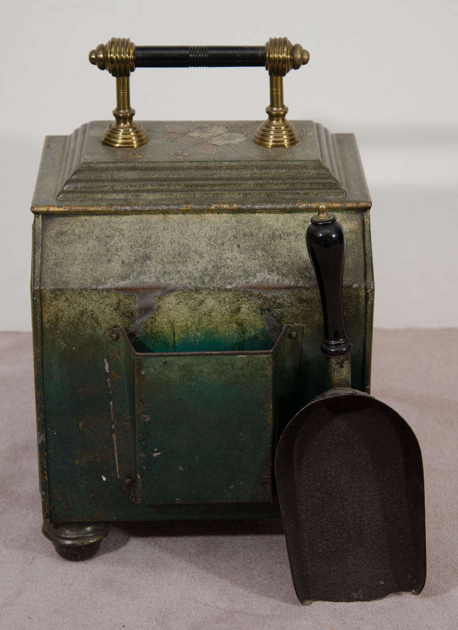 Tin An Antique Hand Painted Tole Coal Scuttle