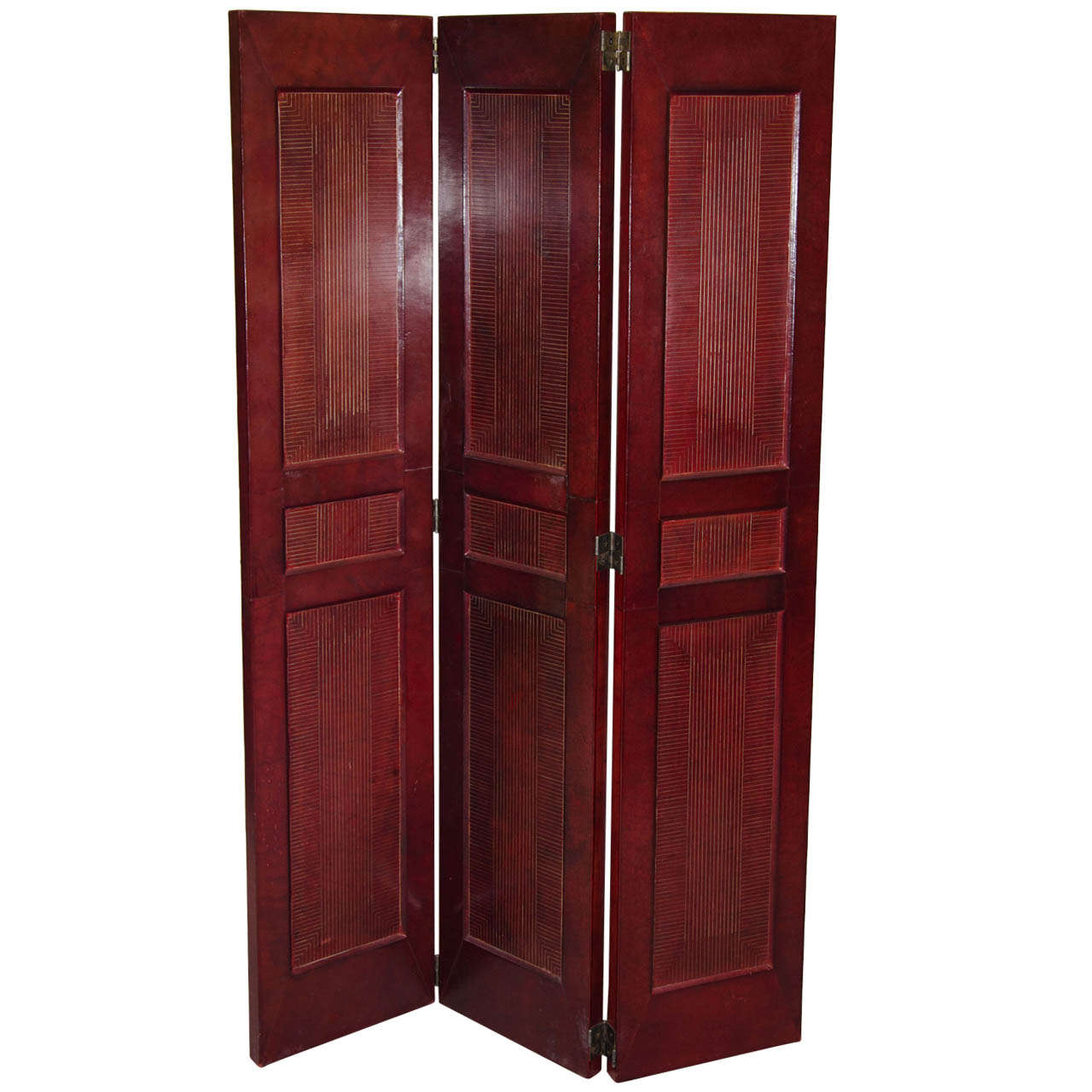 A vintage pair of leather screens or room dividers hand dipped in ox blood red.  Each panel measures 61