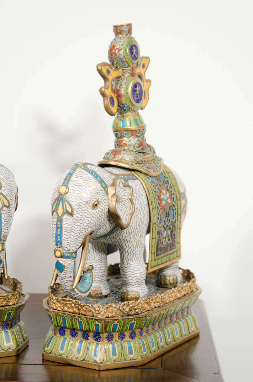 Chinese A Pair of Qing Dynasty Gilt Bronze and Cloisonne Elephants