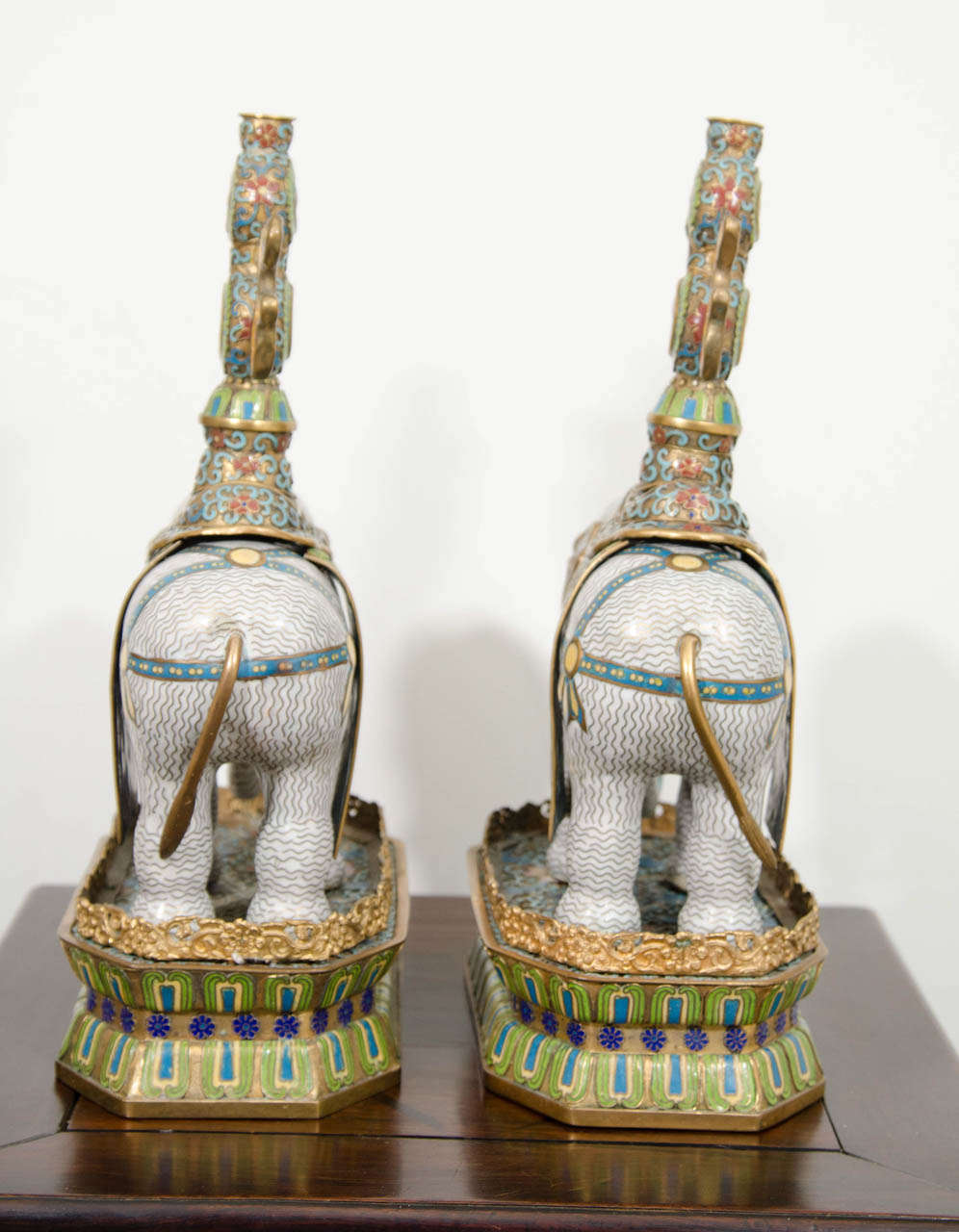 A Pair of Qing Dynasty Gilt Bronze and Cloisonne Elephants In Good Condition In New York, NY