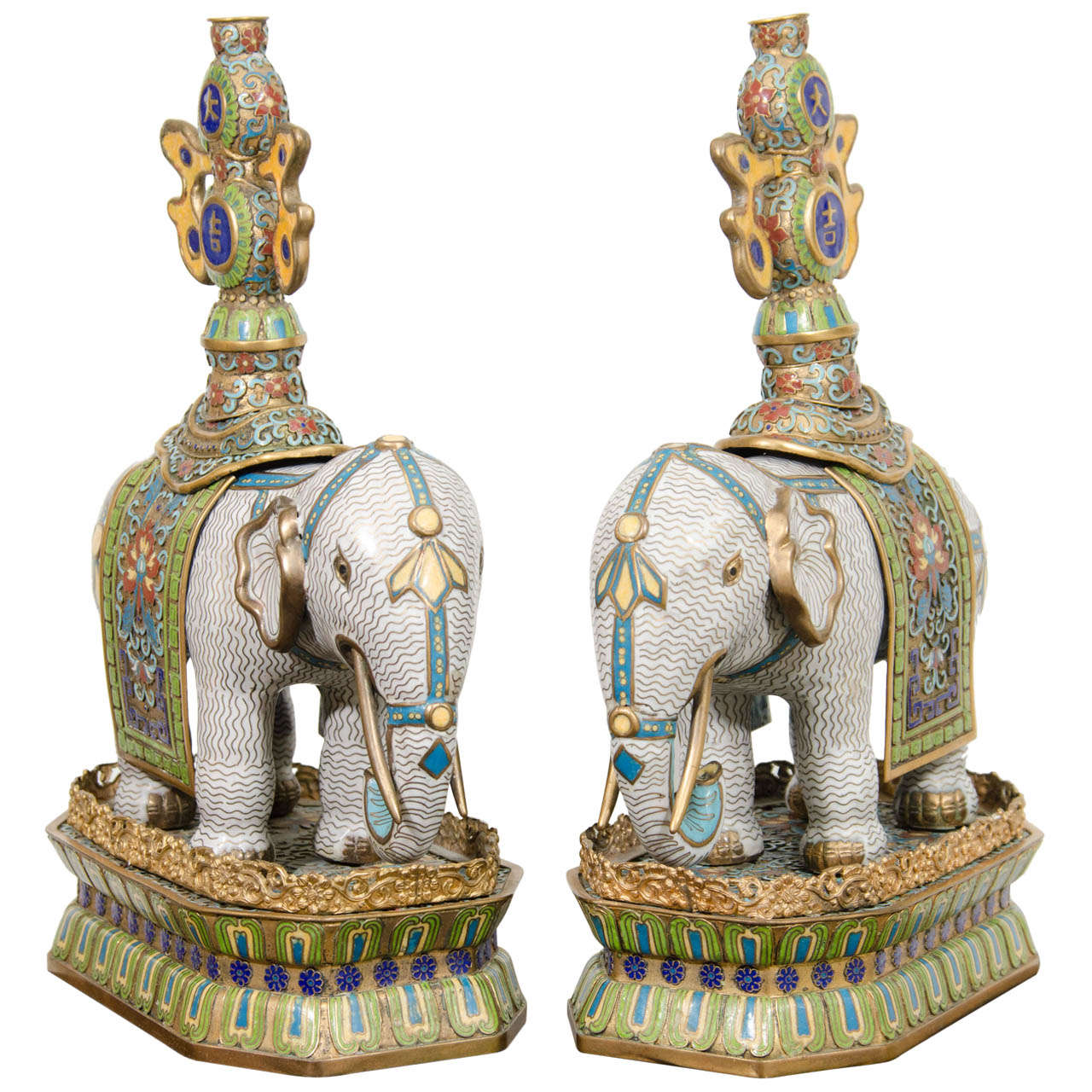 A Pair of Qing Dynasty Gilt Bronze and Cloisonne Elephants