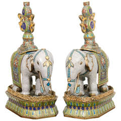 Antique A Pair of Qing Dynasty Gilt Bronze and Cloisonne Elephants