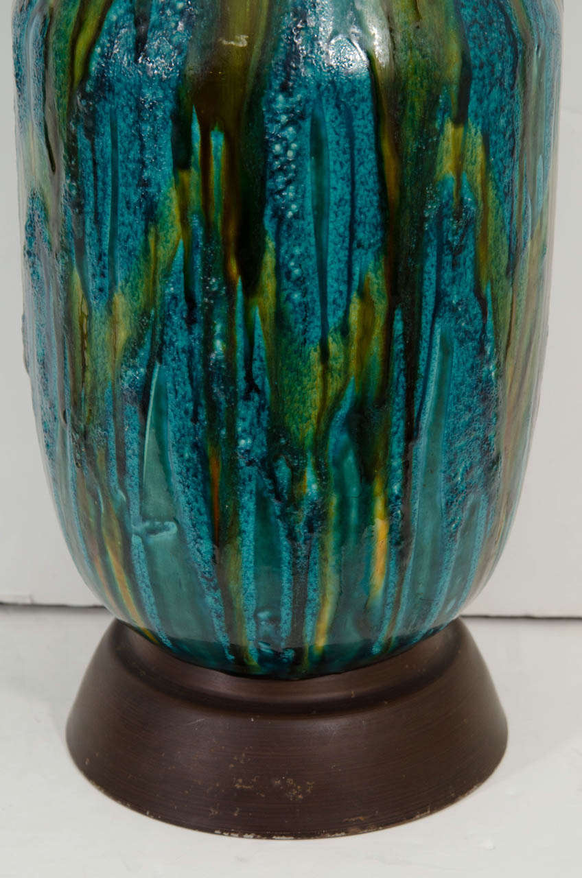 A Mid Century Ceramic Table Lamp in Green and Blue Glaze at 1stDibs