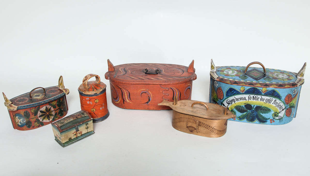 Fine collection of Swedish and Norwegian folk art boxes, including wedding pantry boxes, a painted birch bark cylindrical box, a fisherman's ditty box and a charming small domed valuables box having landscape scenes, all mid to late 19th century