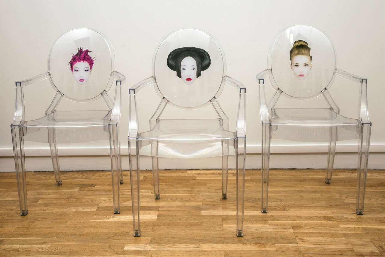 The famous Kong restaurant was entirely decorated by Philippe Starck (born in 1949) in 2003. This set of three armchairs was acquired when the restaurant was redecorated.

Set of three crystal polycarbonate chairs. Kartel Louis Ghost model with a