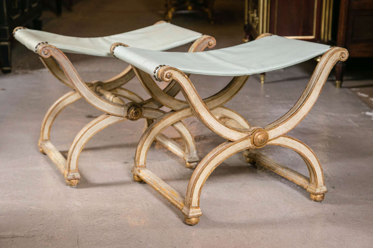 Pair of Italian Parcel-Gilt and Painted X-Based Benches by Jansen