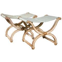 Pair of Italian Parcel-Gilt and Painted X-Based Benches by Jansen