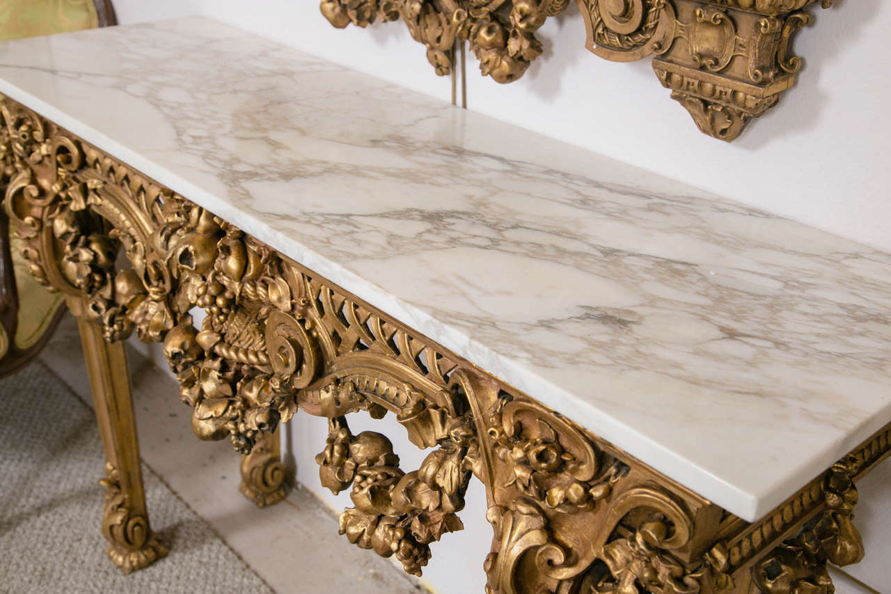 Early 20th Century Marble Top Console Table with Matching Mirror by Maison Jansen Finely Carved  